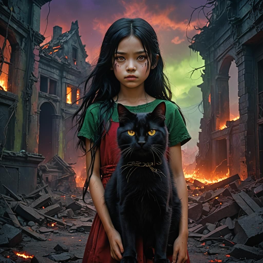 Girl with Black Cat in Hellish Landscape