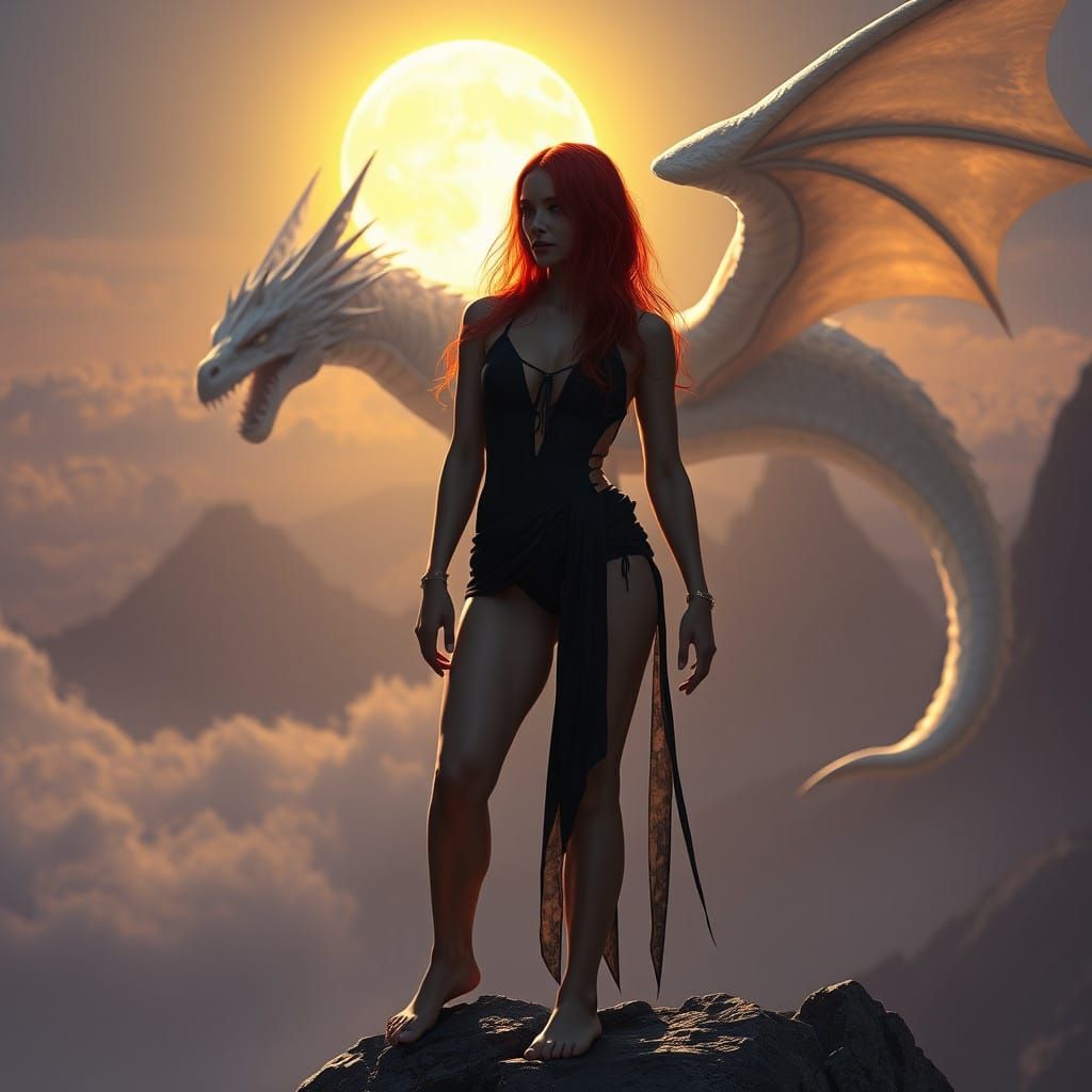 Ethereal Dark Fantasy Scene of a Redhead Goddess and White D...