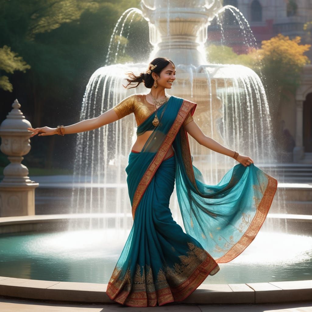 Graceful Dancer by a Glowing Fountain