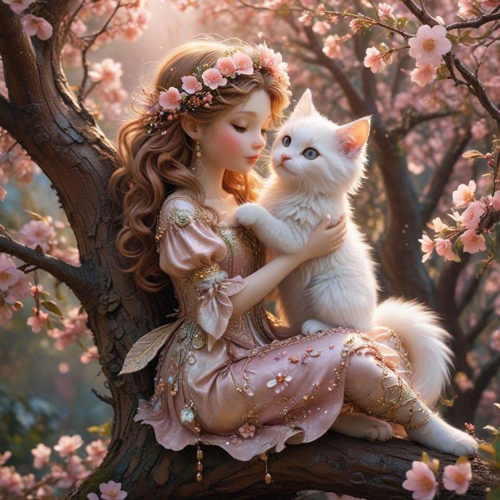Chibi Fairy and Kitten in Whimsical Bloom