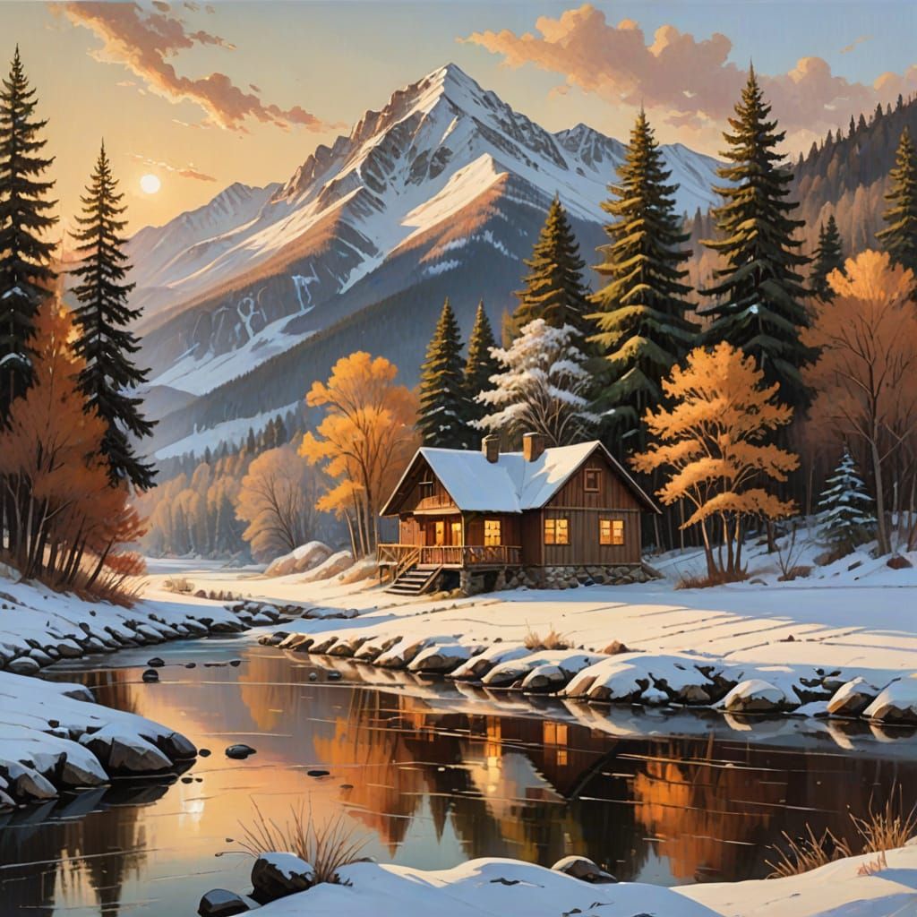 Idyllic Winter Landscape Oil Painting at Golden Hour