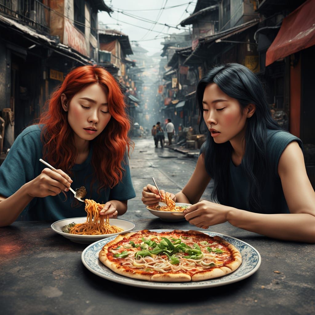 Epic Italian-Asian Fusion Feast in a Vibrant, Cinematic Scen...