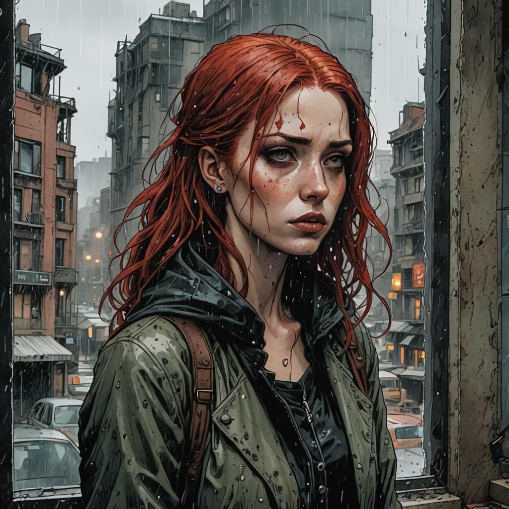 Gothic Woman Gazing at Rain, Bande Dessinée Style