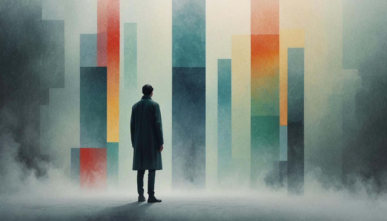 Minimalist Digital Art: Figure in Misty Abstract Landscape