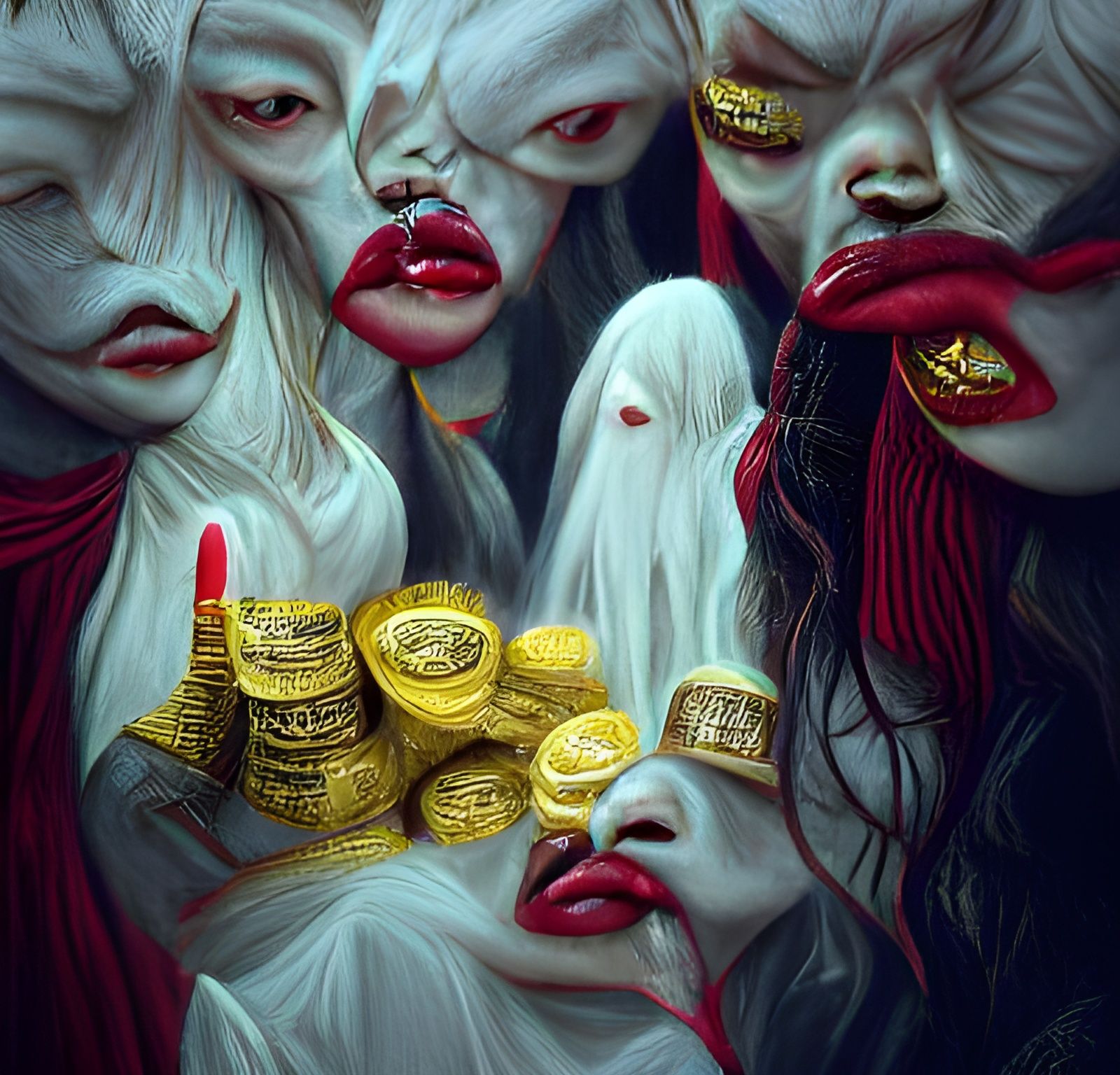 Ghostly Figures with Red Lips in Gustave Doré Style