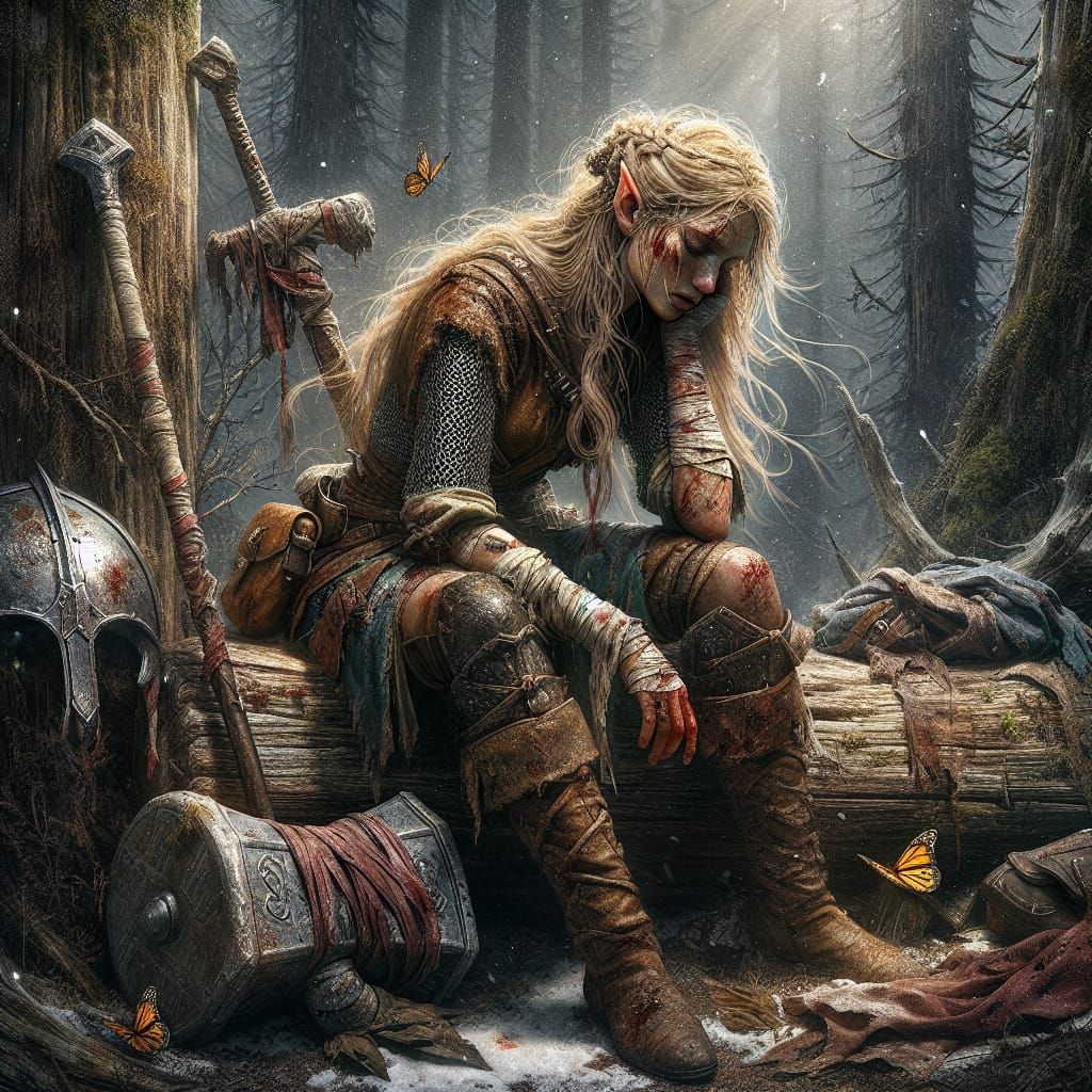 Hope, an exhausted Eladrin, Eldritch Knight rests after a ba...