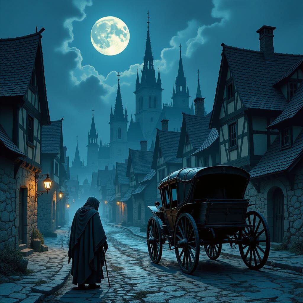 Medieval Beggar on Dark Street in Gothic Surrealism