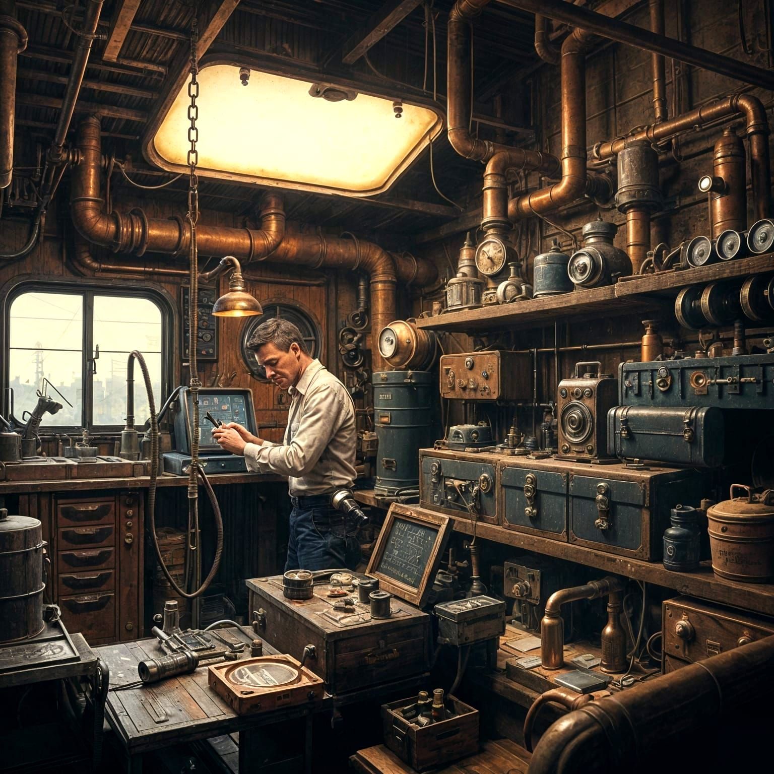 Industrial Inventor Tinkers in a Steampunk Garage