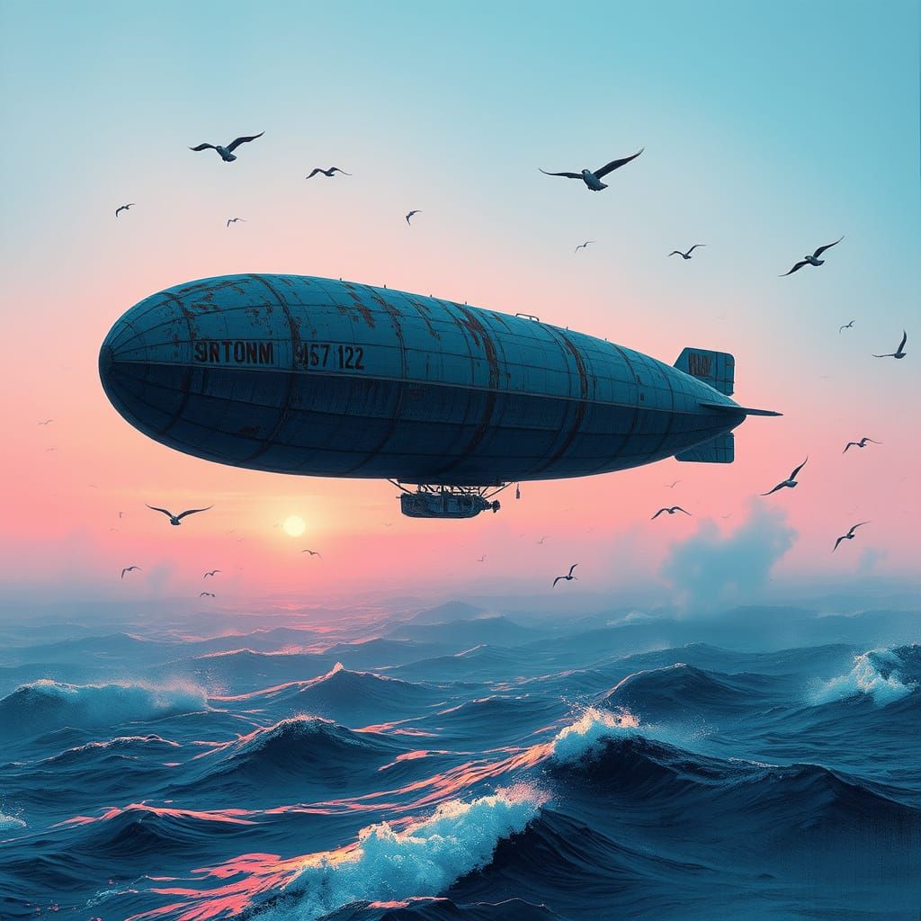 Steel Blue Zeppelin Over a Churning Sea
