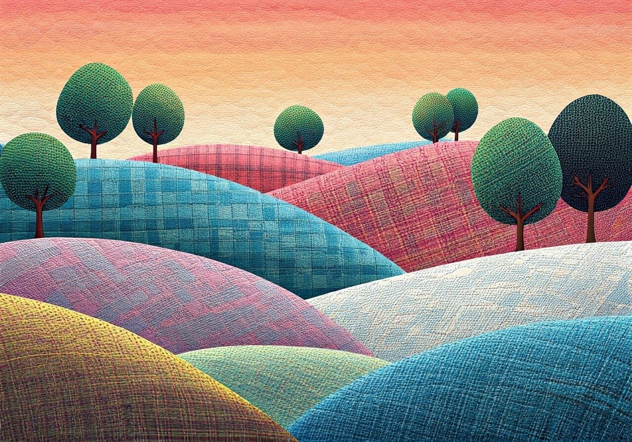 A gingham quilted sunset landscape made entirely of gingham