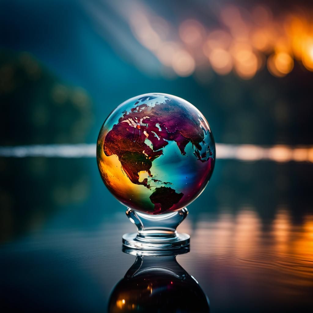 world globe a perfect sphere sitting on a lake