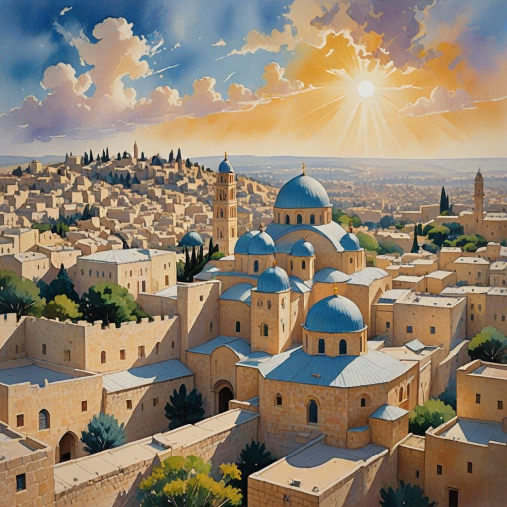 Ethereal Jerusalem Cityscape in Gouache Painting Style