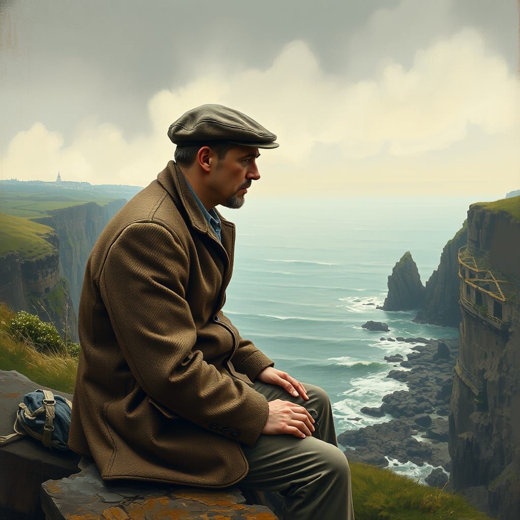 Heartbroken Man Gazing at Sea, in Earthy Tones