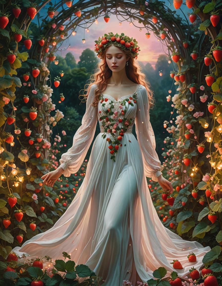Ethereal Strawberry Garden Dreamscape in Mystical Realism
