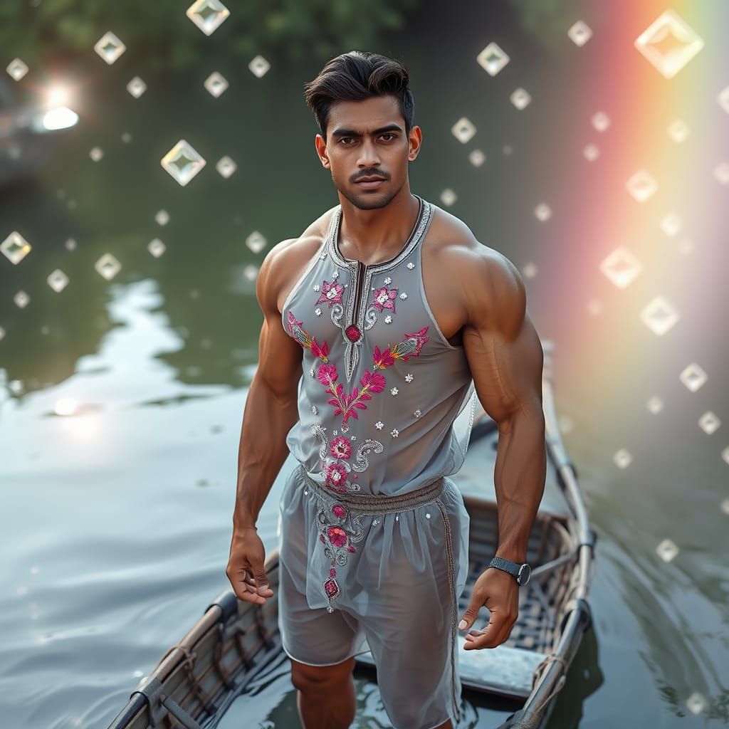 Futuristic Indian Bodybuilder on River Boat
