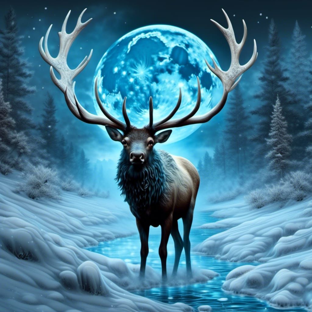 Bioluminescent Elk with Wispy Snow River