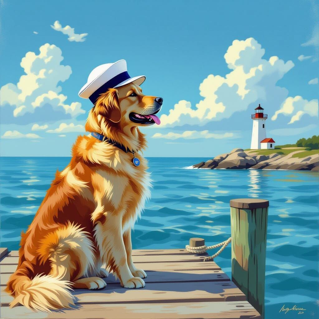 Golden Retriever Sailor Dog on Dock, Lighthouse View