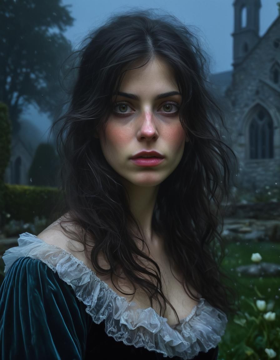 Ethereal Renaissance Woman in Garden at Night