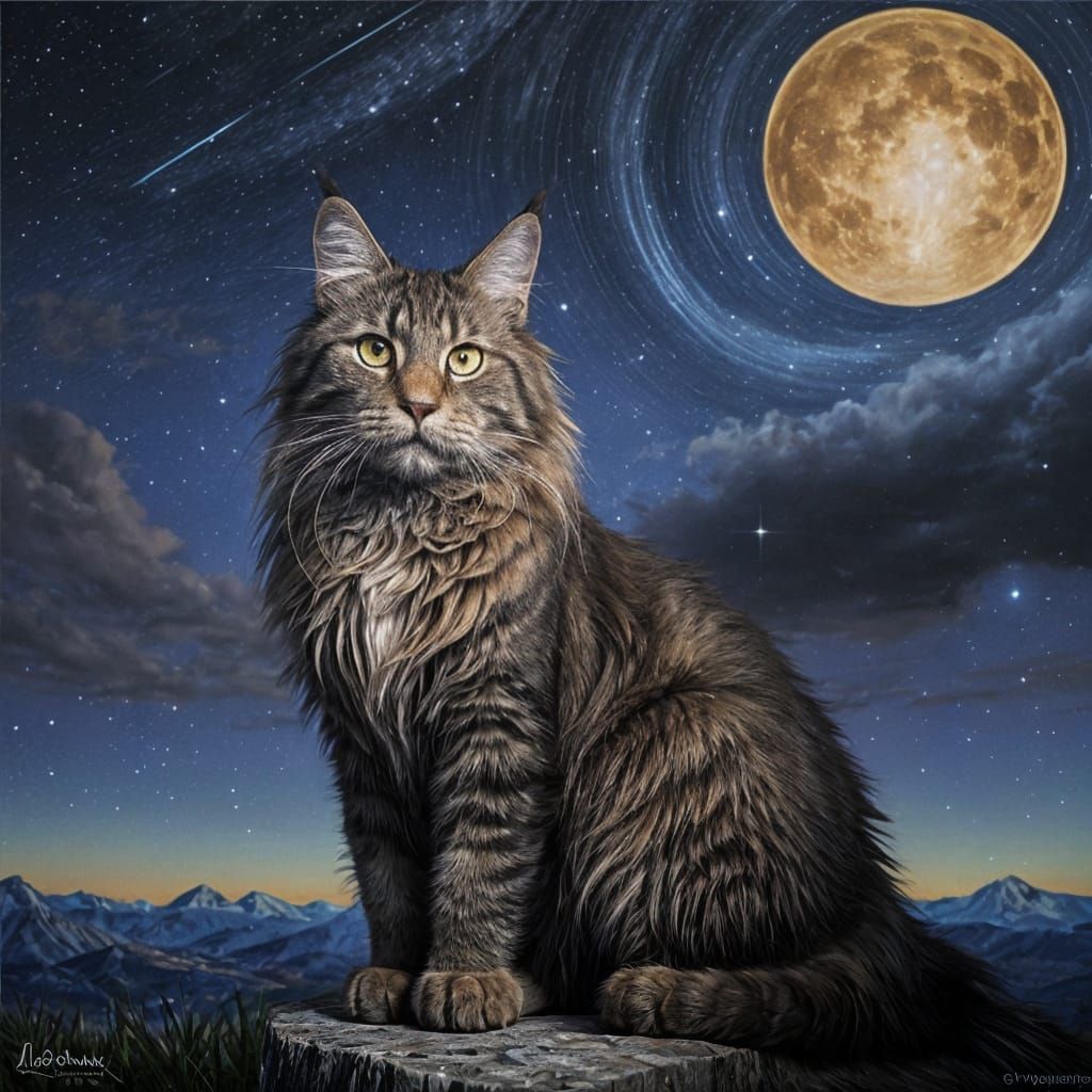 Colorful Maine Coon Cat Stargazing at Night
