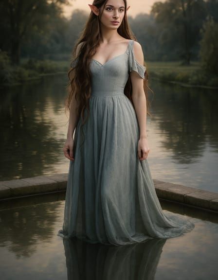 Elven Maiden Reflecting Pool Hyperrealistic Concept Art