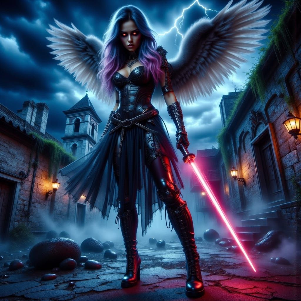 Cyber Gothic Angel Warrior Soars Above Ancient Ruins