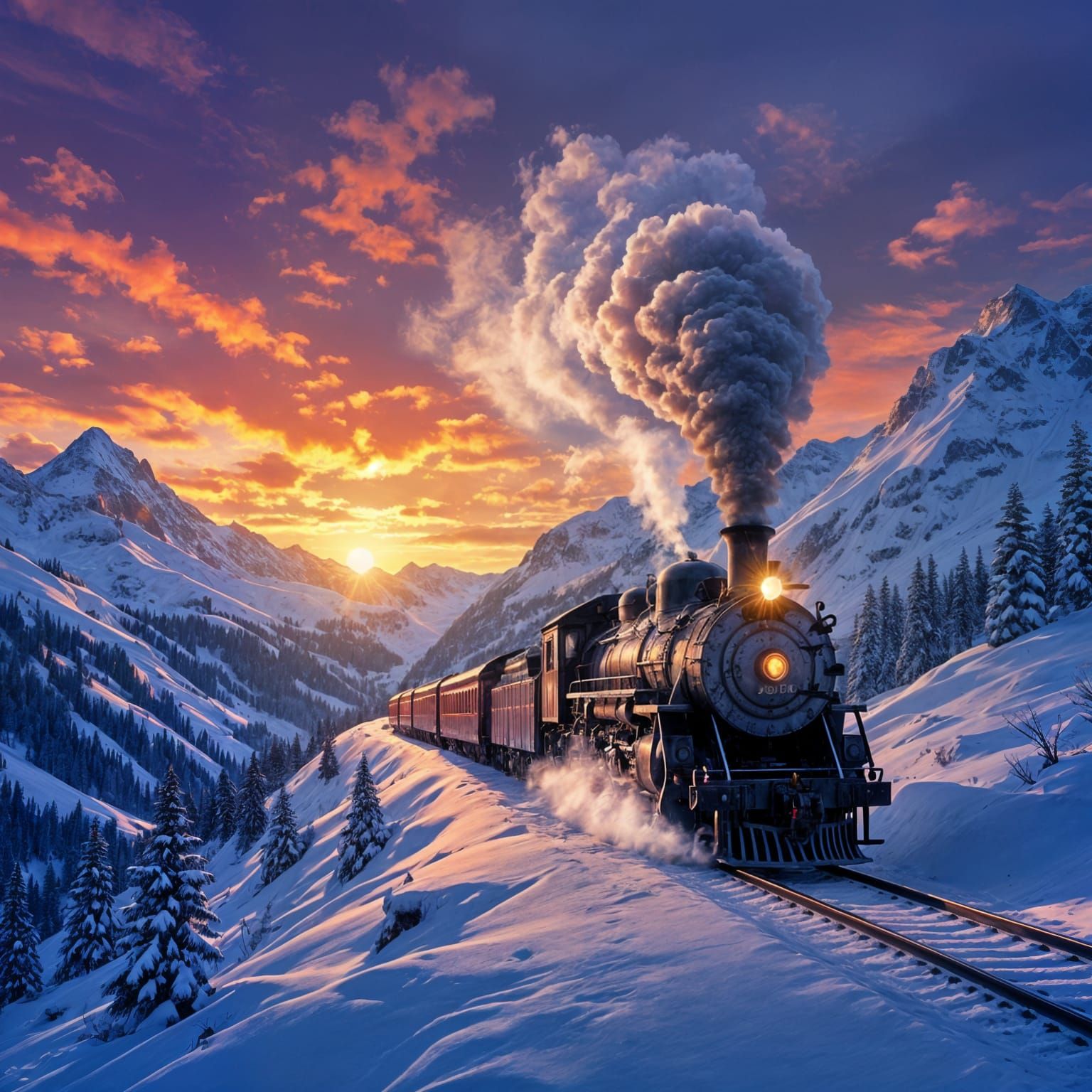 Winter Sunset Train Journey on Snowy Mountainside