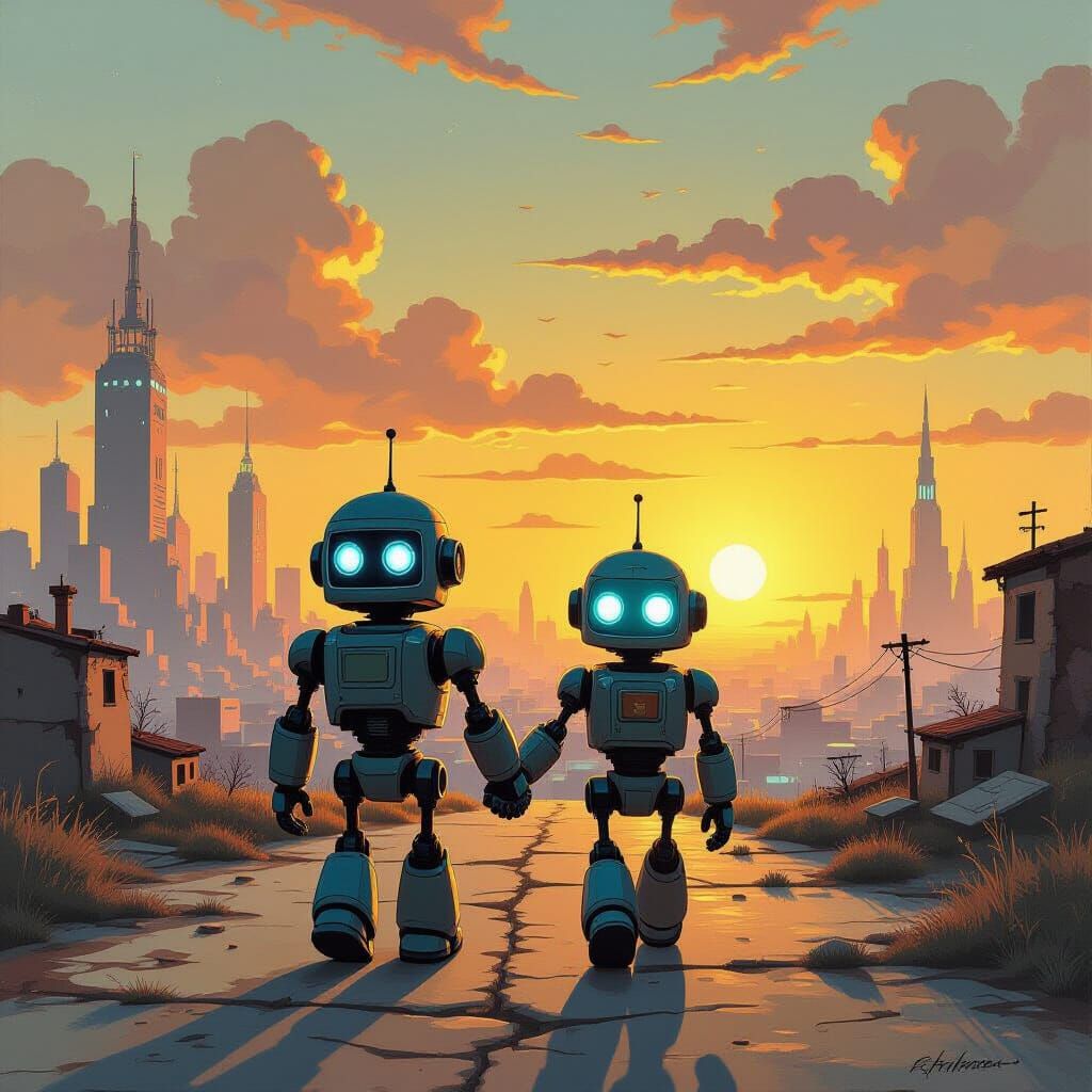 Retro Robots Depart Dilapidated City for Utopian Landscape