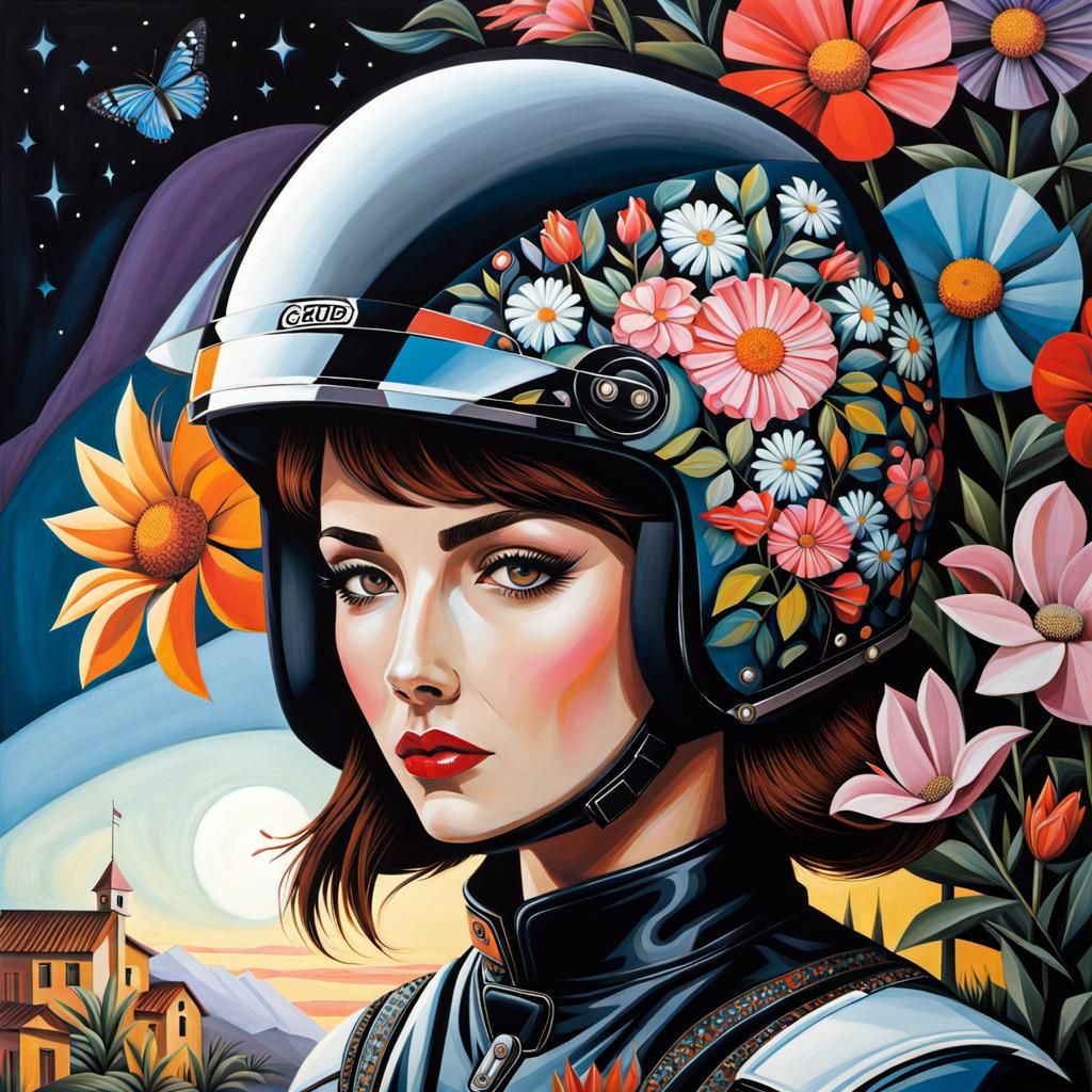 Woman in Floral Helmet: Cubist Shin-Hanga Fusion