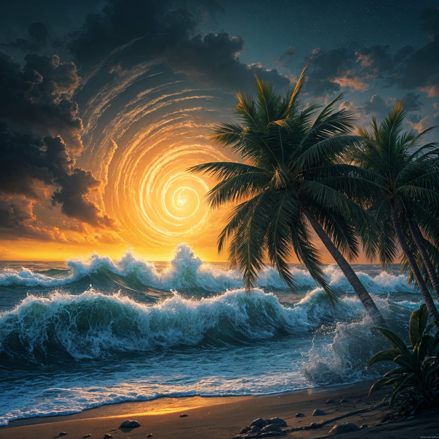 Hurricane Approaches Beach: Acrylic Painting at Sunset