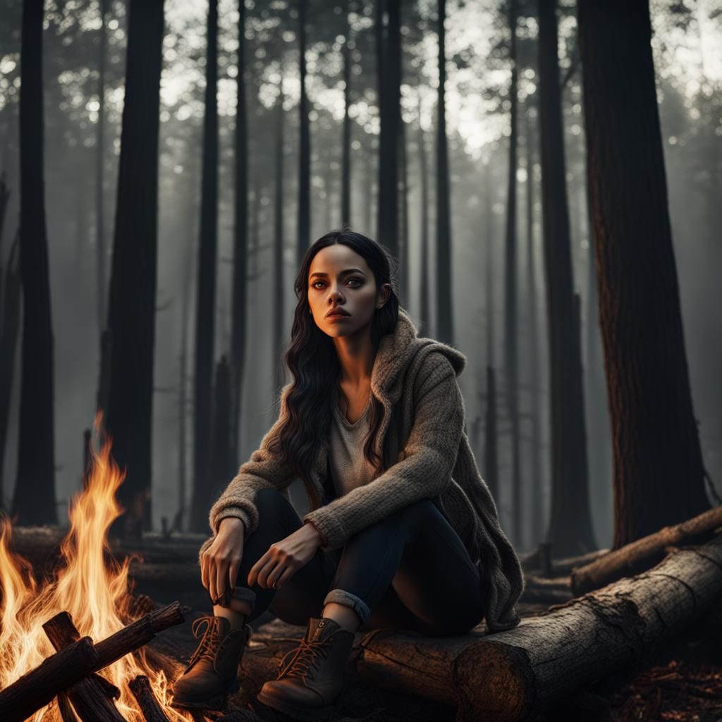 Jenna Ortega Portrait by Campfire in Forest