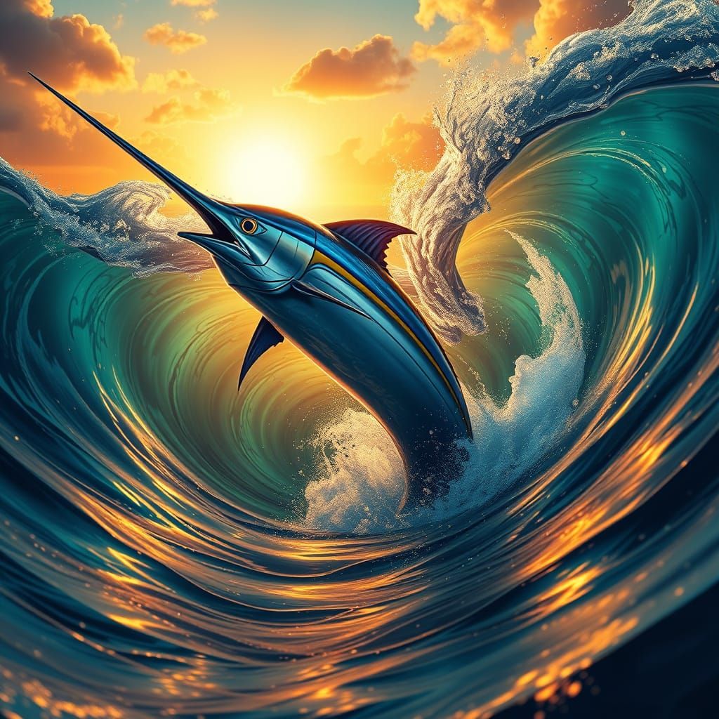 Majestic Marlin Breaks Surface in Tropical Sunset