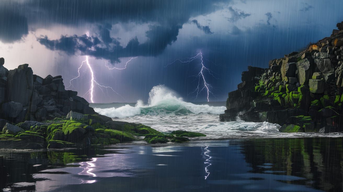 Stormy Sky Over Raging Sea With Mossy Rocks
