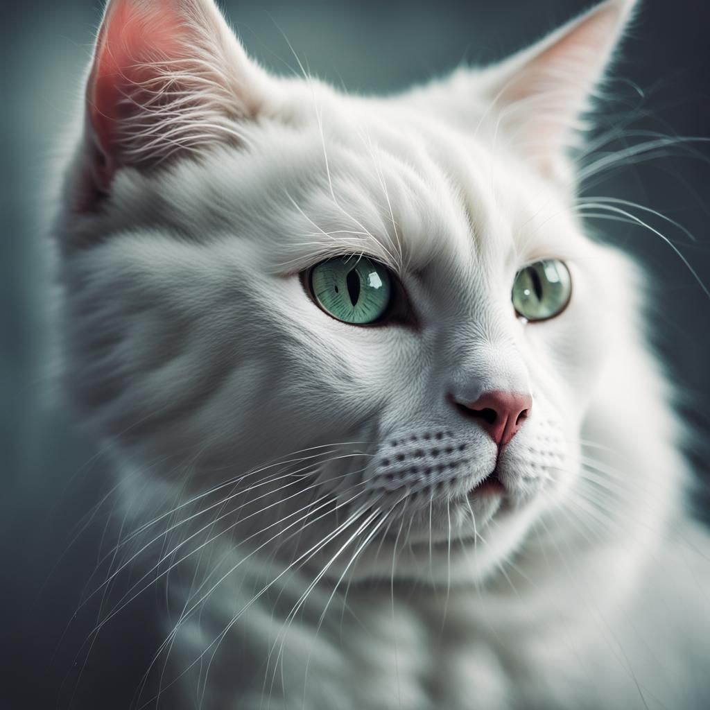 Hyperrealistic White Cat Portrait in Ambient Light