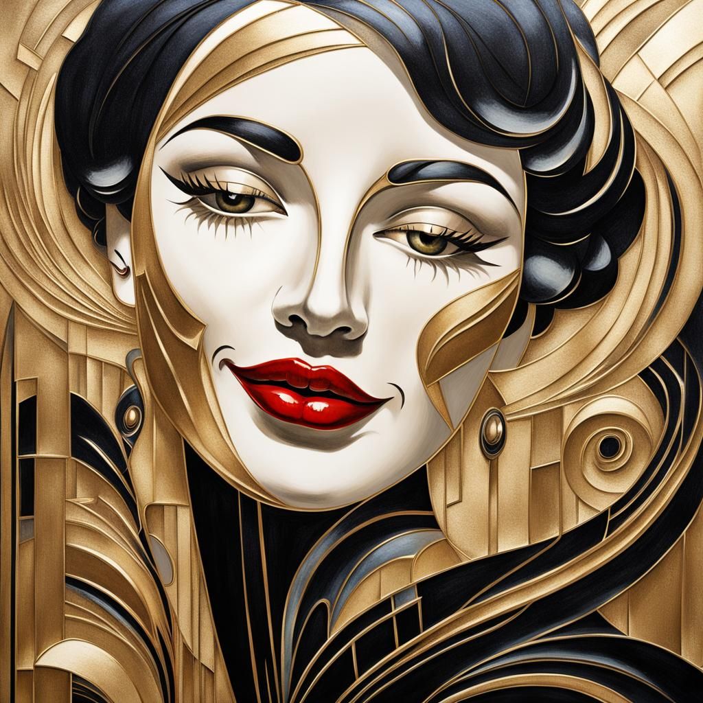 Art Deco Woman with Man in Black and Gold