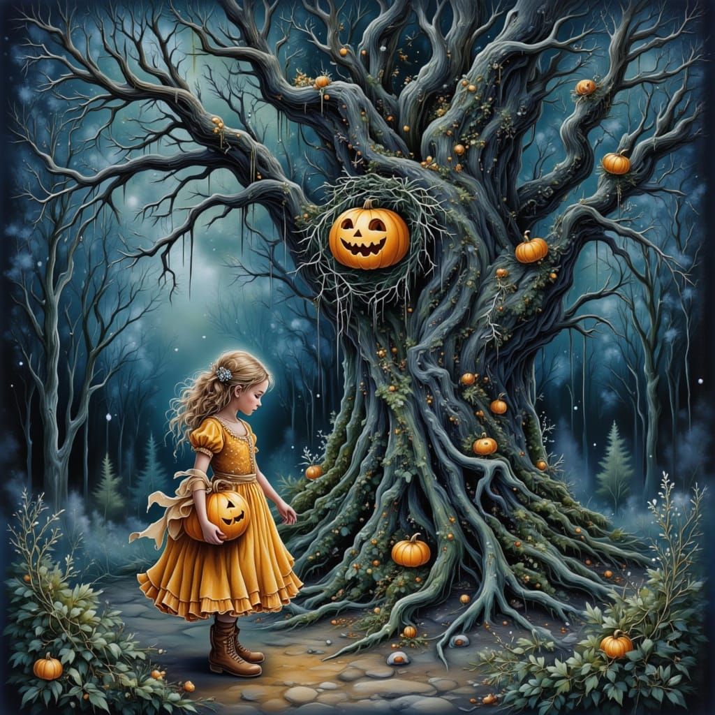 Dark Halloween Scene With Girl and Glowing Jack-o'-lantern
