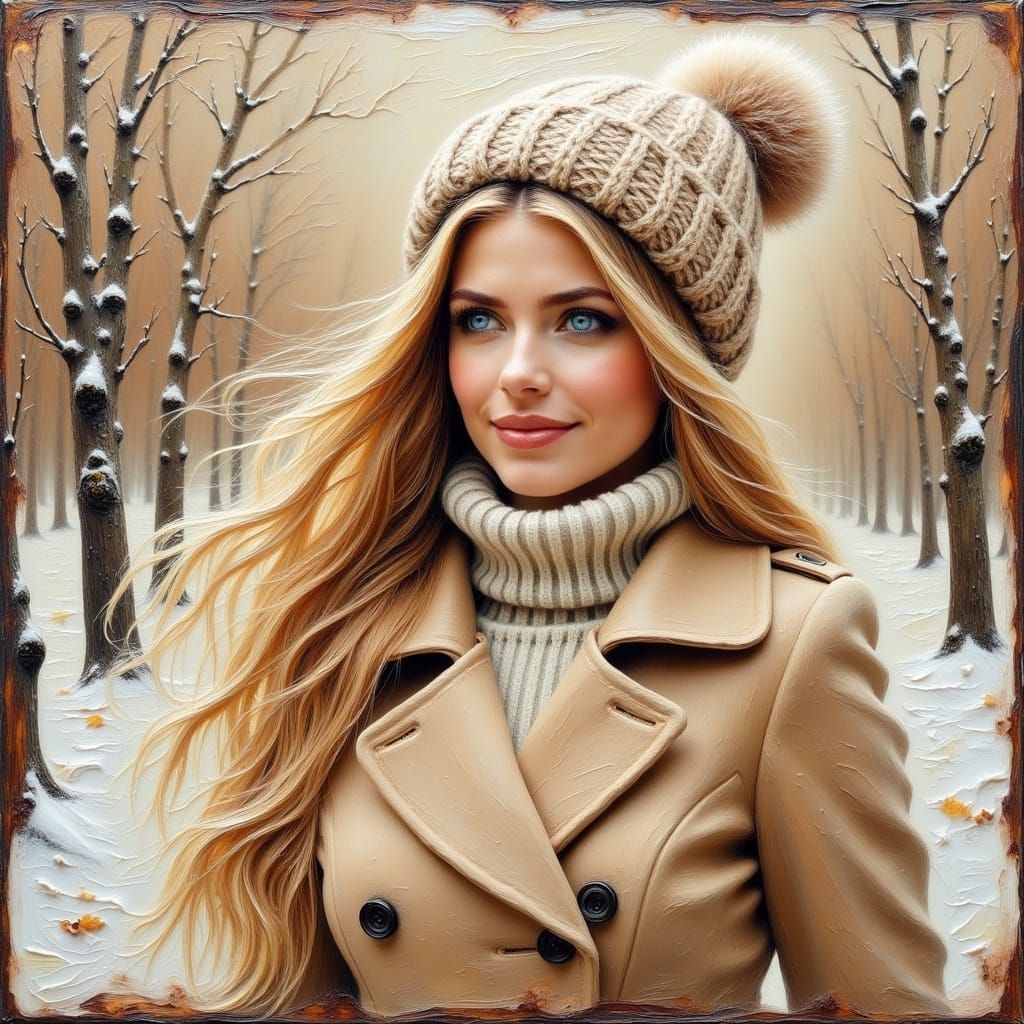 Cozy Winter Portrait of Serene Woman in Encaustic Style