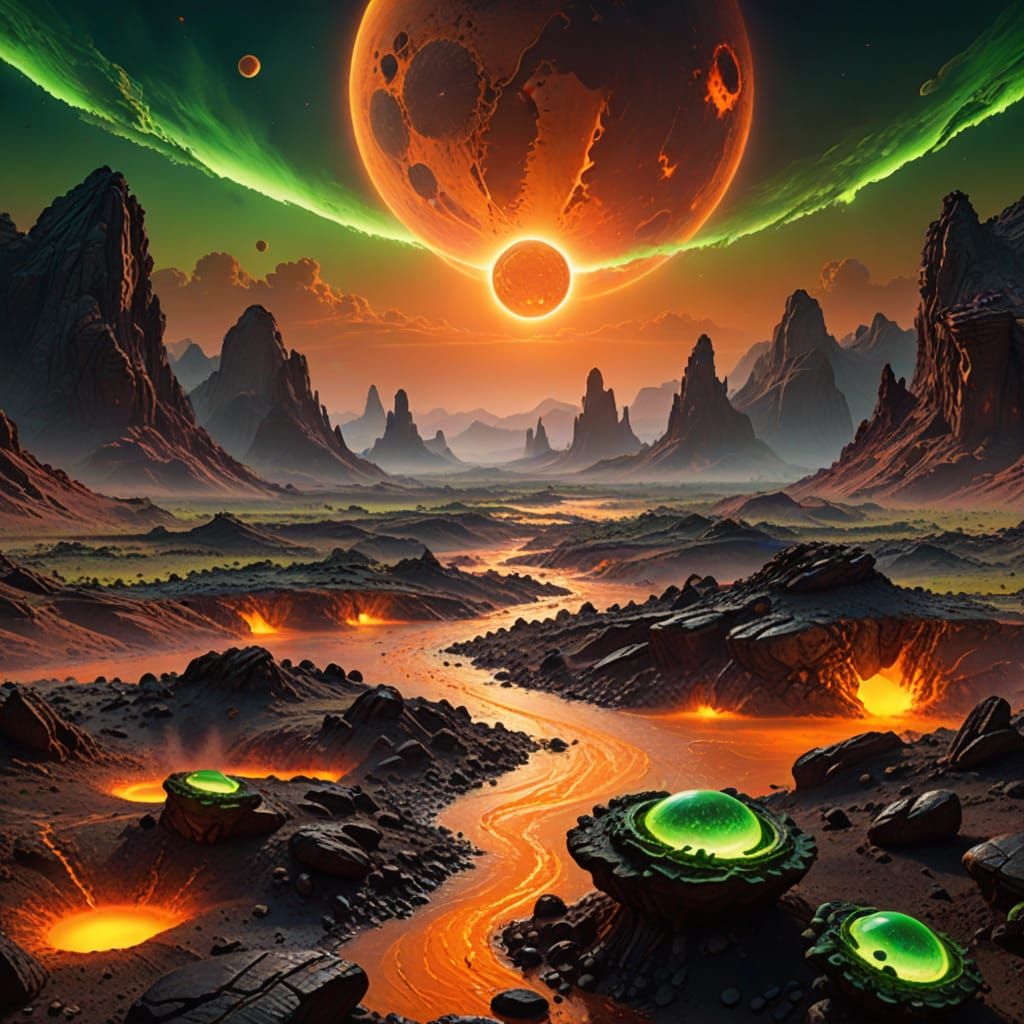 Sci-Fi Alien Planet with Molten Rivers