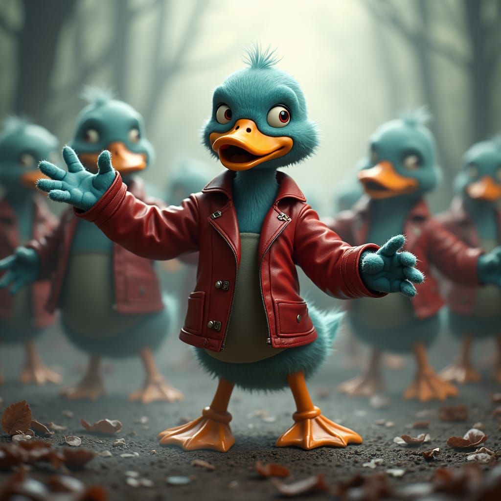 Zombie Duckling Dance in Graveyard, Pixar-Style 3D Art