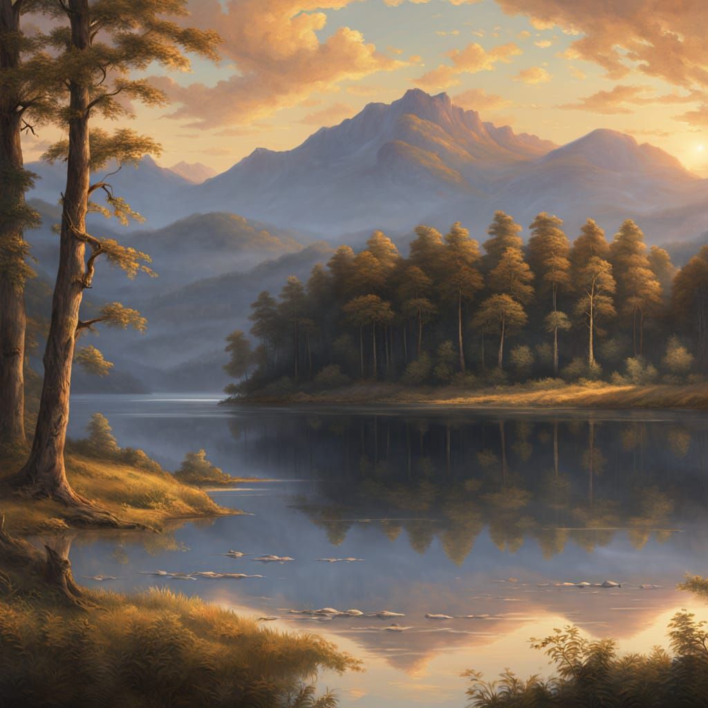 Serene Lake Landscape at Sunset, in the Style of the Hudson ...