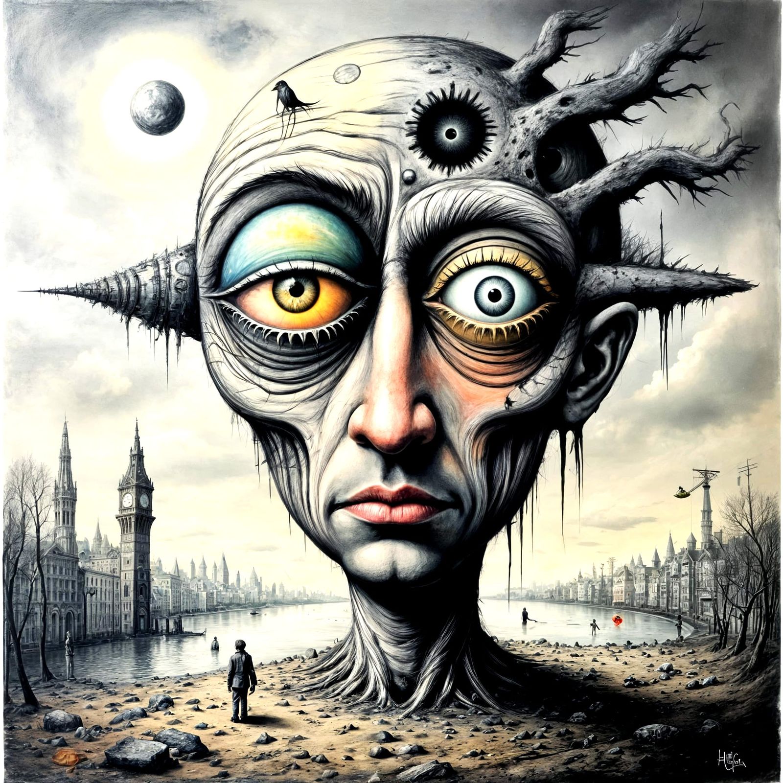 Biopunk Surrealism: Distorted Reality in Charcoal