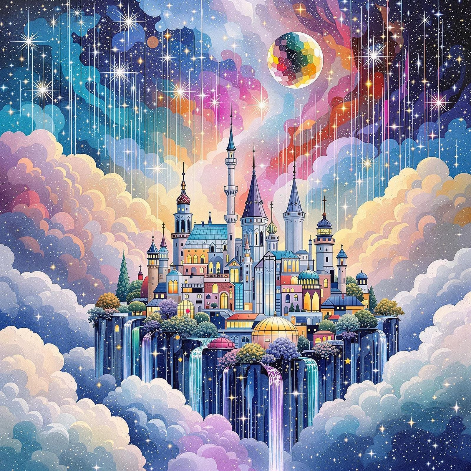 Kaleidoscopic Floating City with Rainbow Stained Glass