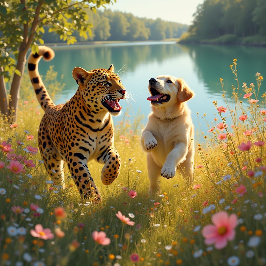 Leopard and Dog Frolic in Summer Flower Field with Serene La...