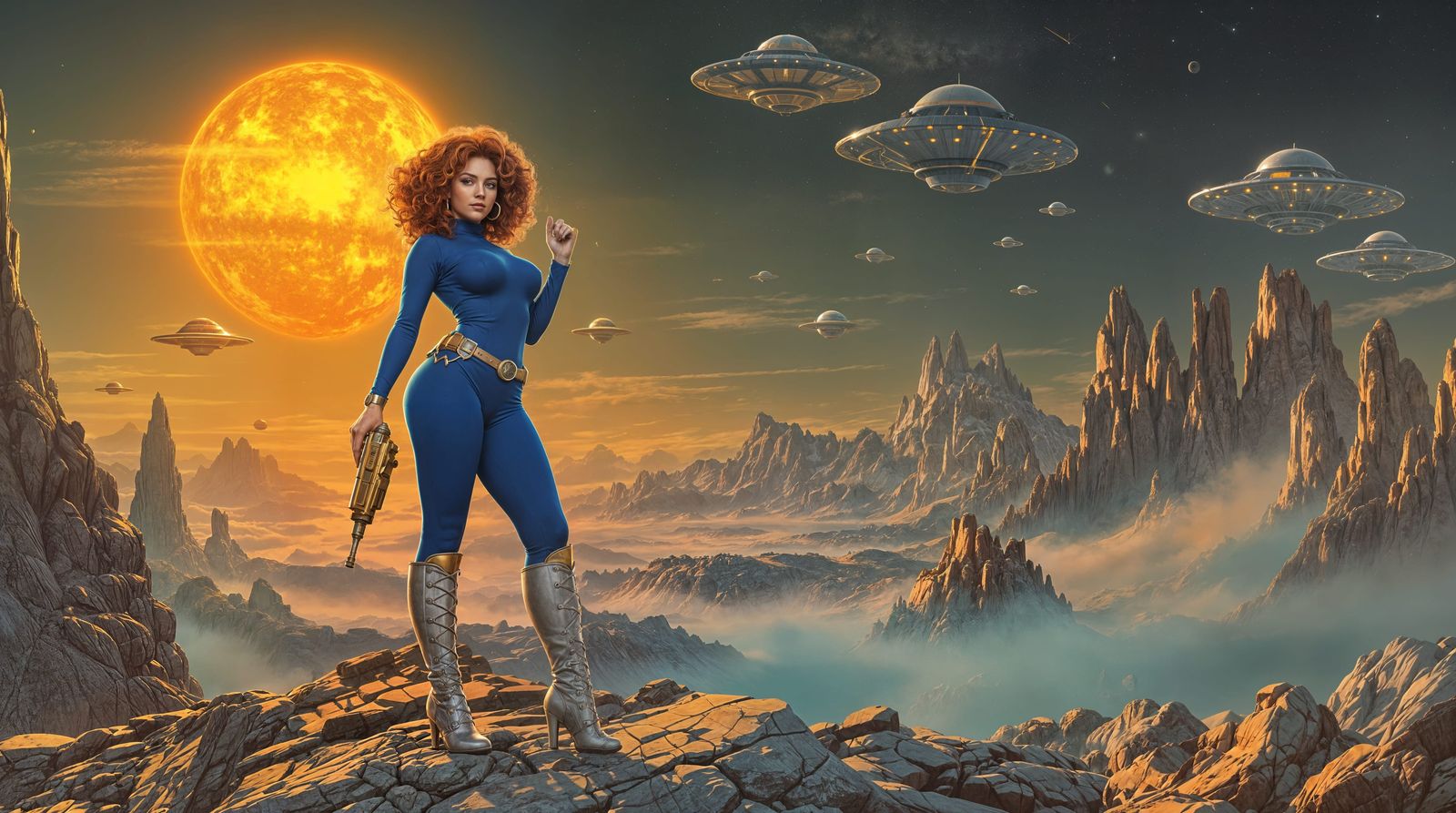 Retro-Futuristic Pin-Up Spacewoman Standing on Alien Terrain