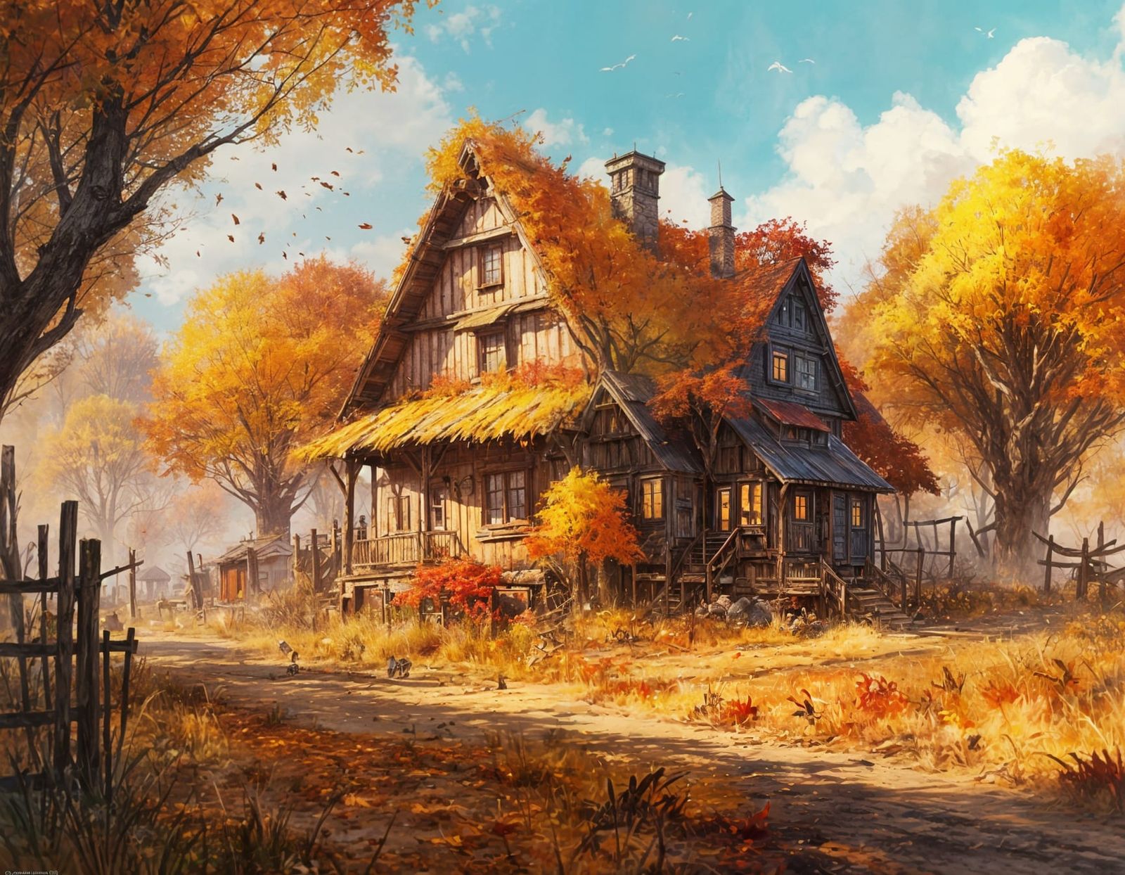 Enchanted Autumn Village in Vivid Watercolor Style