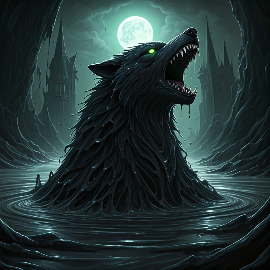 Black Slime Wolf Emerges from Goo in Dark Fantasy