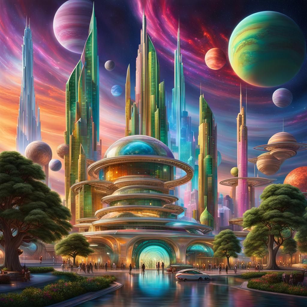 Luminescent Futuristic Cityscape with Crystalline Buildings