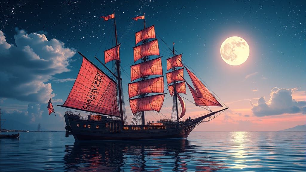 Celestial Ship on Calm Sea in Surreal Style