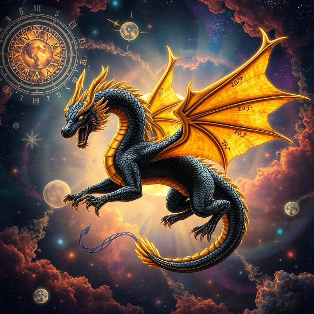 Cosmic Black and Gold Dragon in Astral Cosmos
