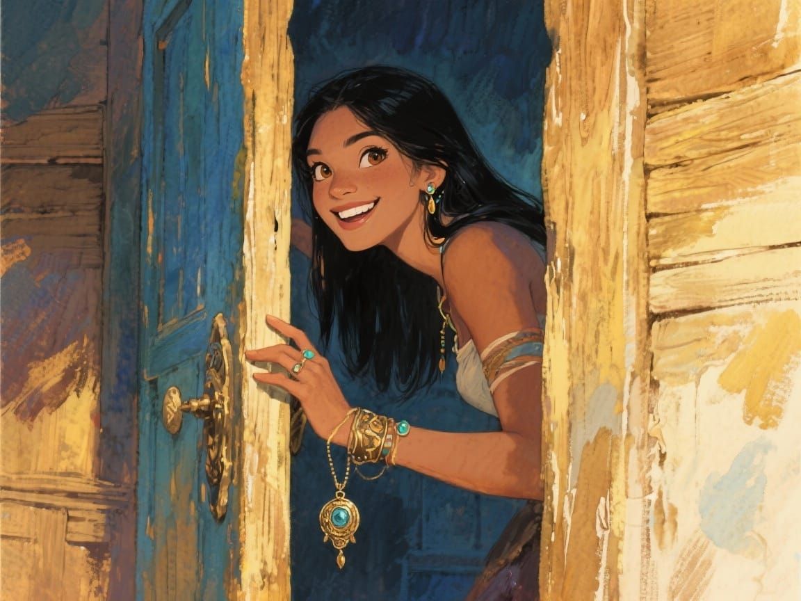 Curious Woman Peeks Through Door with Amulet