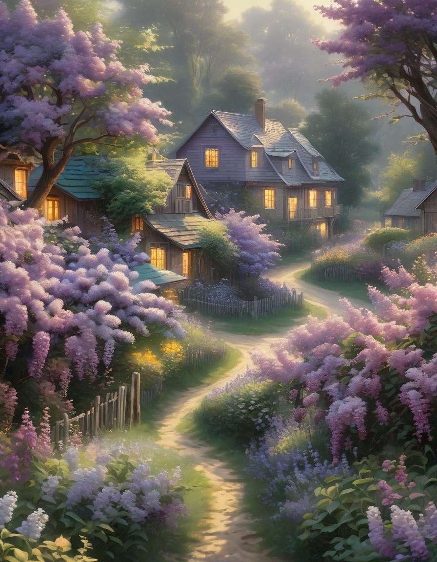 Hyperrealistic Village Landscape with Lilacs